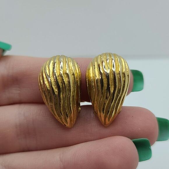 Givenchy Gold Vintage Clip Earrings Teardrop Pear Shape Dome 80's Earrings - Picture 1 of 6